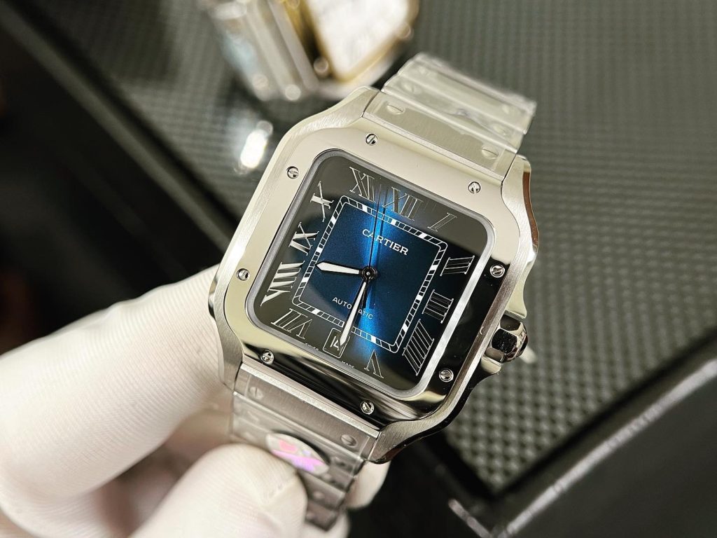 Đồng Hồ Cartier Chế Tác Santos Mặt Xanh Dương Xưởng BV Tặng Dây Da