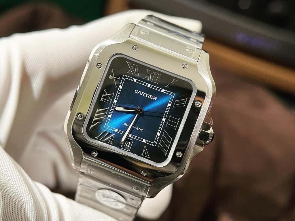 Đồng Hồ Cartier Chế Tác Santos Mặt Xanh Dương Xưởng BV Tặng Dây Da