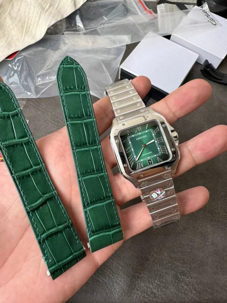 Đồng Hồ Cartier Chế Tác Santos Mặt Xanh Lá Cây Xưởng BV Tặng Dây Da (1)