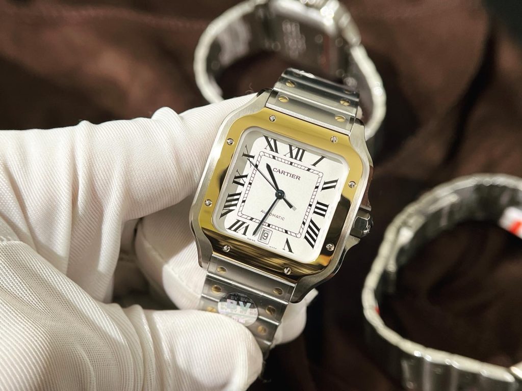 Đồng Hồ Cartier Chế Tác Santos Màu Demi Gold Xưởng BV Tặng Dây Da 40mm (5)