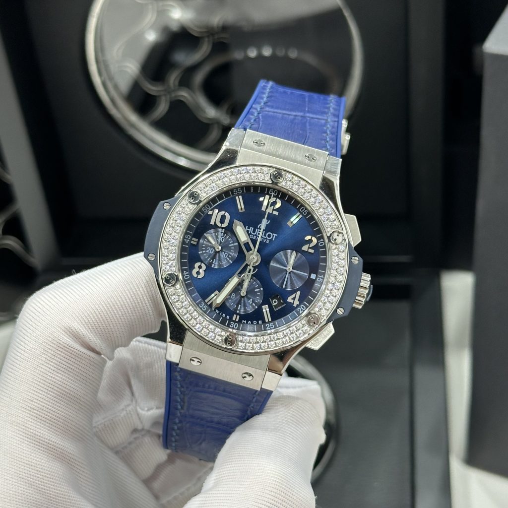 Đồng Hồ Hublot Chế Tác Màu Xanh Blue Big Bang Chronograph Titanium Đính Đá 44mm (5)