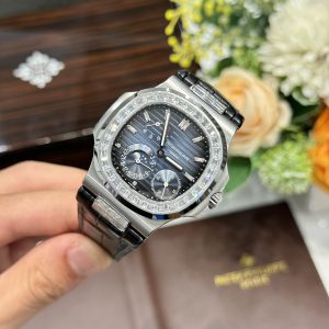 Đồng Hồ Patek Philippe Nautilus 5724G Nam Đính Đá Dây Da Xưởng GR 40mm (2)