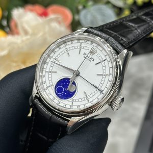 Đồng Hồ Rolex Chế Tác Cellini Moonphase 50535 Thép Trắng Dây Da Màu Đen 39mm (5)