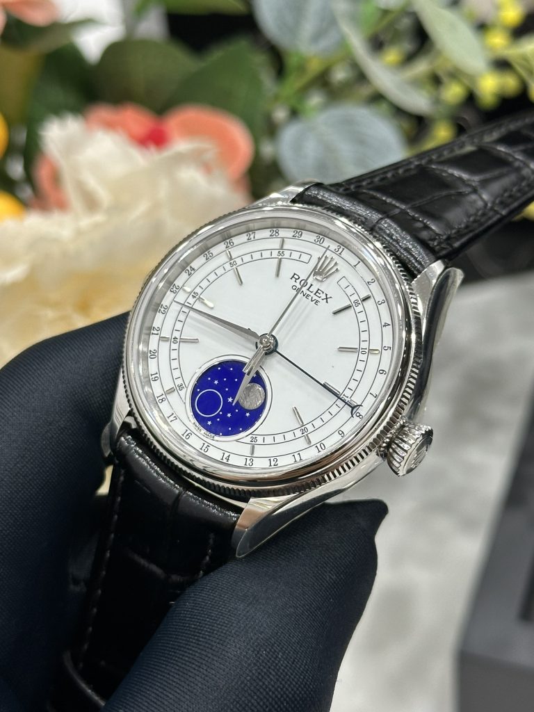 Đồng Hồ Rolex Chế Tác Cellini Moonphase 50535 Thép Trắng Dây Da Màu Đen 39mm (5)