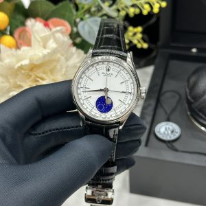 Đồng Hồ Rolex Chế Tác Cellini Moonphase 50535 Thép Trắng Dây Da Màu Đen 39mm (5)