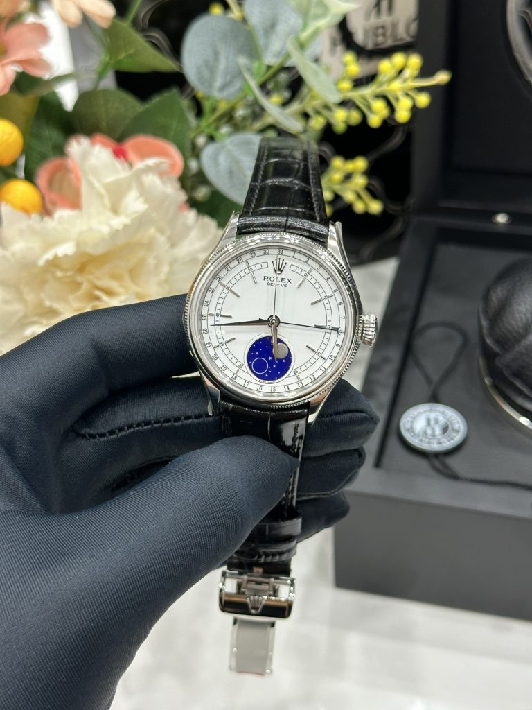 Đồng Hồ Rolex Chế Tác Cellini Moonphase 50535 Thép Trắng Dây Da Màu Đen 39mm (5)