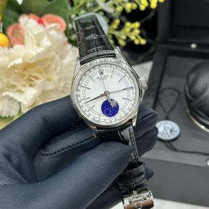 Đồng Hồ Rolex Chế Tác Cellini Moonphase 50535 Thép Trắng Dây Da Màu Đen 39mm (5)