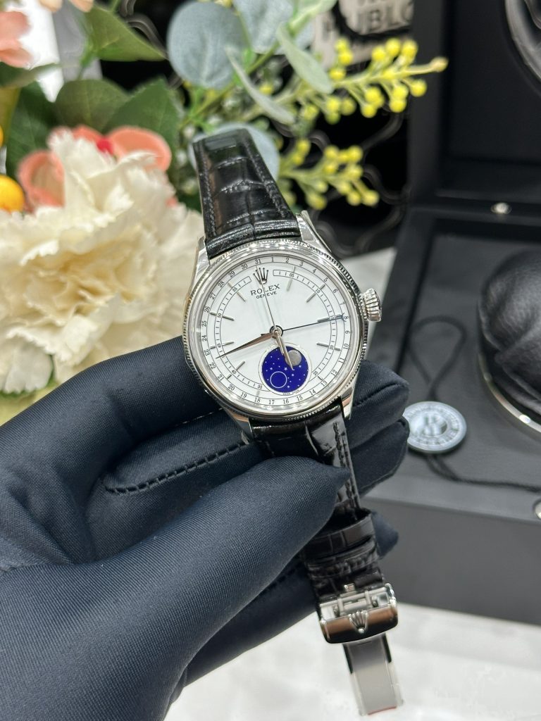 Đồng Hồ Rolex Chế Tác Cellini Moonphase 50535 Thép Trắng Dây Da Màu Đen 39mm (5)