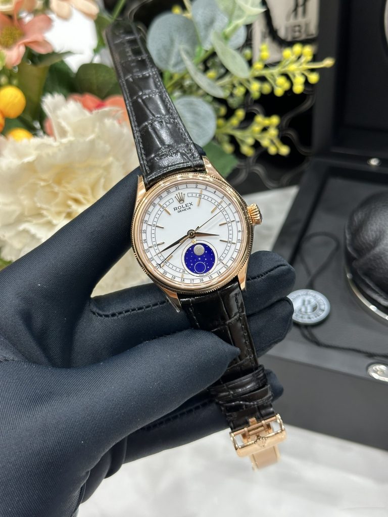 Đồng Hồ Rolex Chế Tác Cellini Moonphase 50535 Vàng Hồng Dây Da Màu Đen 39mm (1)