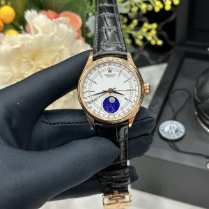 Đồng Hồ Rolex Chế Tác Cellini Moonphase 50535 Vàng Hồng Dây Da Màu Đen 39mm (1)