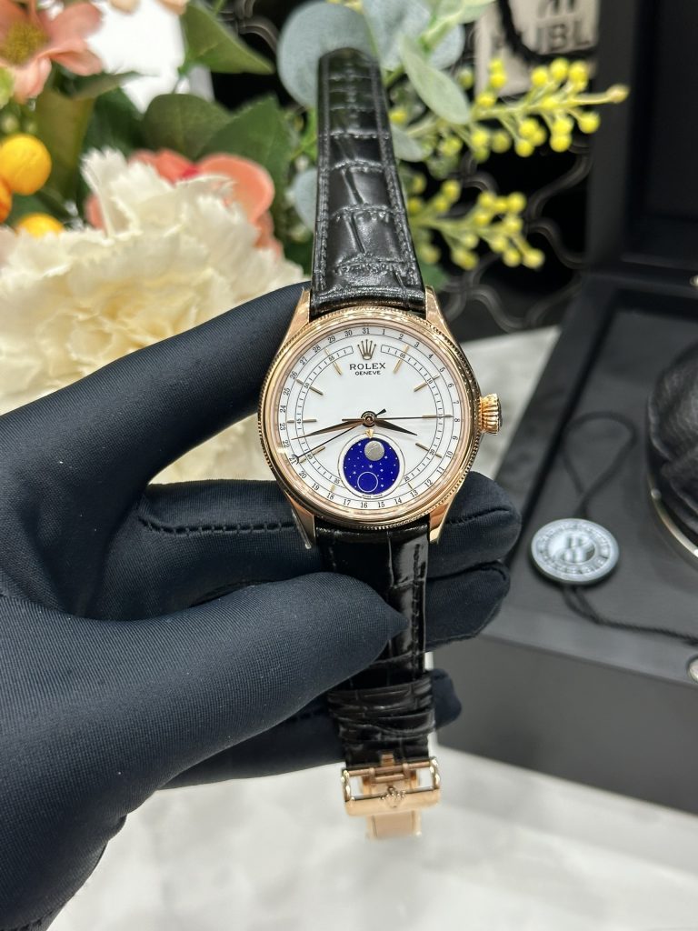 Đồng Hồ Rolex Chế Tác Cellini Moonphase 50535 Vàng Hồng Dây Da Màu Đen 39mm (1)