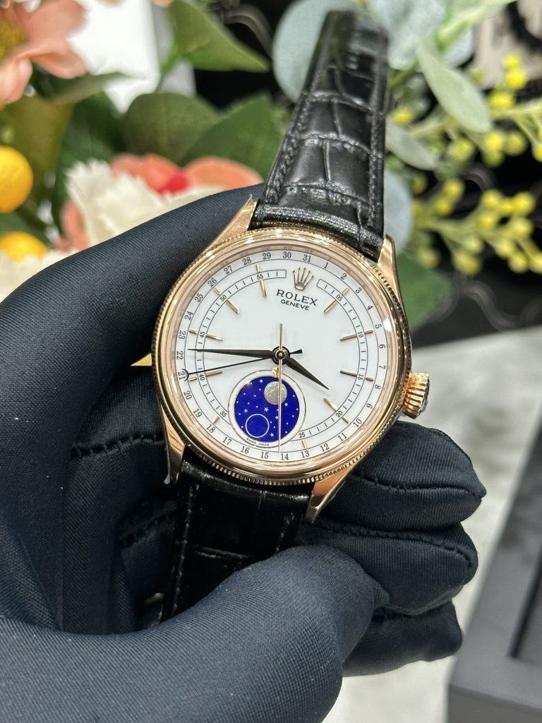 Đồng Hồ Rolex Chế Tác Cellini Moonphase 50535 Vàng Hồng Dây Da Màu Đen 39mm (1)