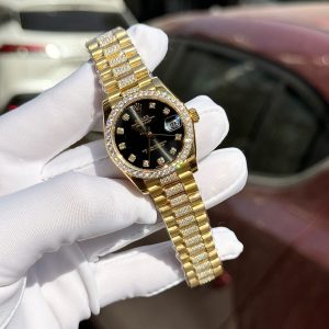 Đồng Hồ Rolex Nữ Đính Moissanite Bọc Vàng 18K Mặt Màu Đen GMF 31mm (1)