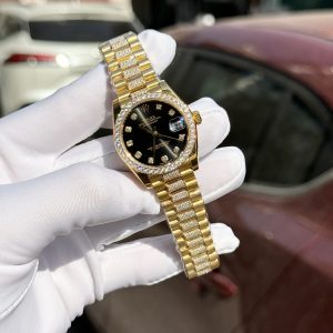 Đồng Hồ Rolex Nữ Đính Moissanite Bọc Vàng 18K Mặt Màu Đen GMF 31mm (1)