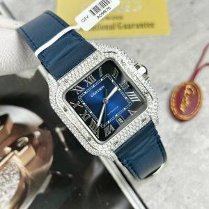 Đồng Hồ Cartier Santos Chế Tác Đá Moissanite Hong Kong Màu Xanh Blue (10)
