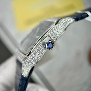 Đồng Hồ Cartier Santos Chế Tác Đá Moissanite Hong Kong Màu Xanh Blue (10)