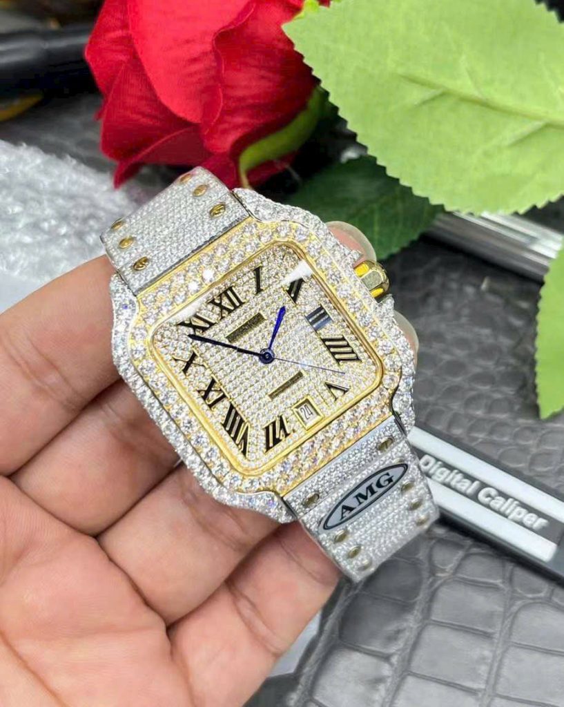 Đồng Hồ Cartier Santos Đính Full Đá Demi Gold Xưởng AMG (1)