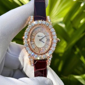 Đồng Hồ Chopard Nữ Dây Da Phủ Vàng Đính Đá Moissanite Mặt Elip 34mm (1)