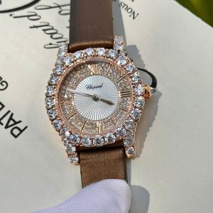 Đồng Hồ Chopard Nữ Phủ Vàng Đính Full Moissanite Dây Da Màu Nâu 34mm (2)