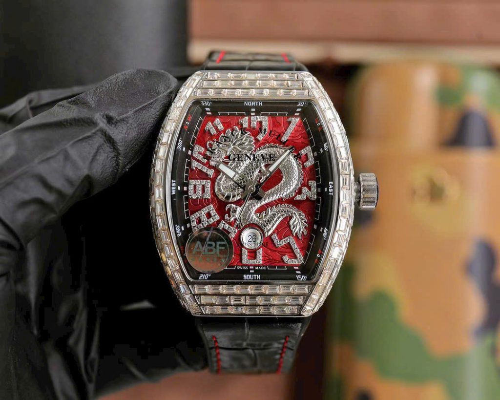 Đồng Hồ Franck Muller V45 Dragon Mặt Đỏ Đính Đá Baguette Xưởng ABF 45mm (1)