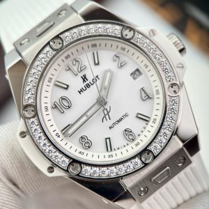 Đồng Hồ Hublot Đính Đá Dây Cao Su Màu Trắng Máy Thụy Sỹ 39mm (1)