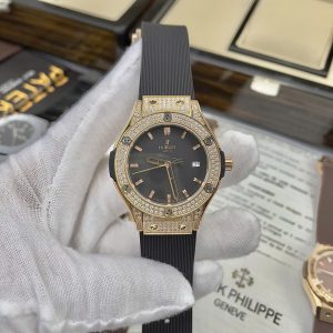 Đồng Hồ Hublot Nữ Đính Đá Dây Cao Su Màu Đen Máy Pin Nhật 34mm (1)