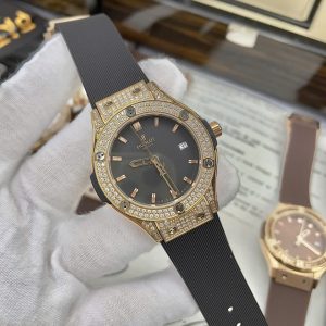 Đồng Hồ Hublot Nữ Đính Đá Dây Cao Su Màu Đen Máy Pin Nhật 34mm (1)