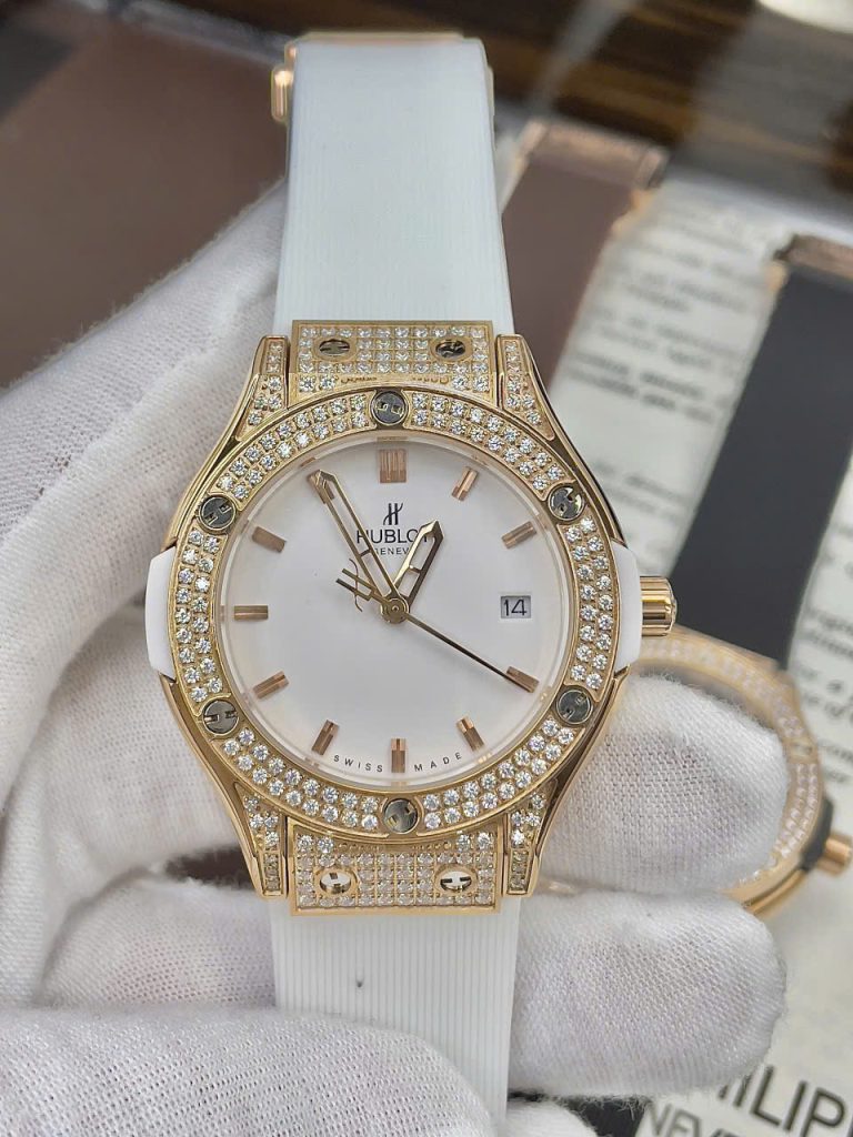 Đồng Hồ Hublot Nữ Đính Đá Dây Cao Su Màu Trắng Máy Pin Nhật 34mm (10)