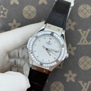 Đồng Hồ Hublot Nữ Đính Đá Dây Da Màu Đen Máy Pin Nhật 34mm (1)