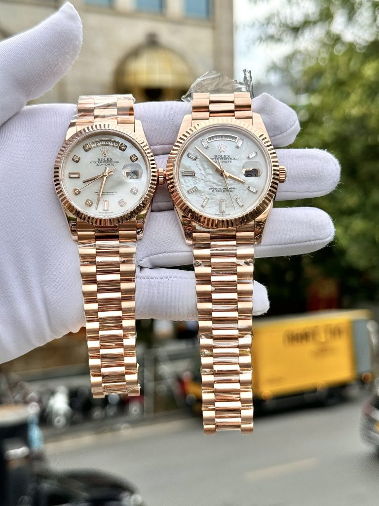 Đồng Hồ Rolex Chế Tác Phủ Vàng Hồng 18K Mặt Xà Cừ Moissanite Day-Date 36mm (7)