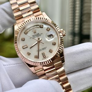 Đồng Hồ Rolex Chế Tác Phủ Vàng Hồng 18K Mặt Xà Cừ Moissanite Day-Date 36mm (7)