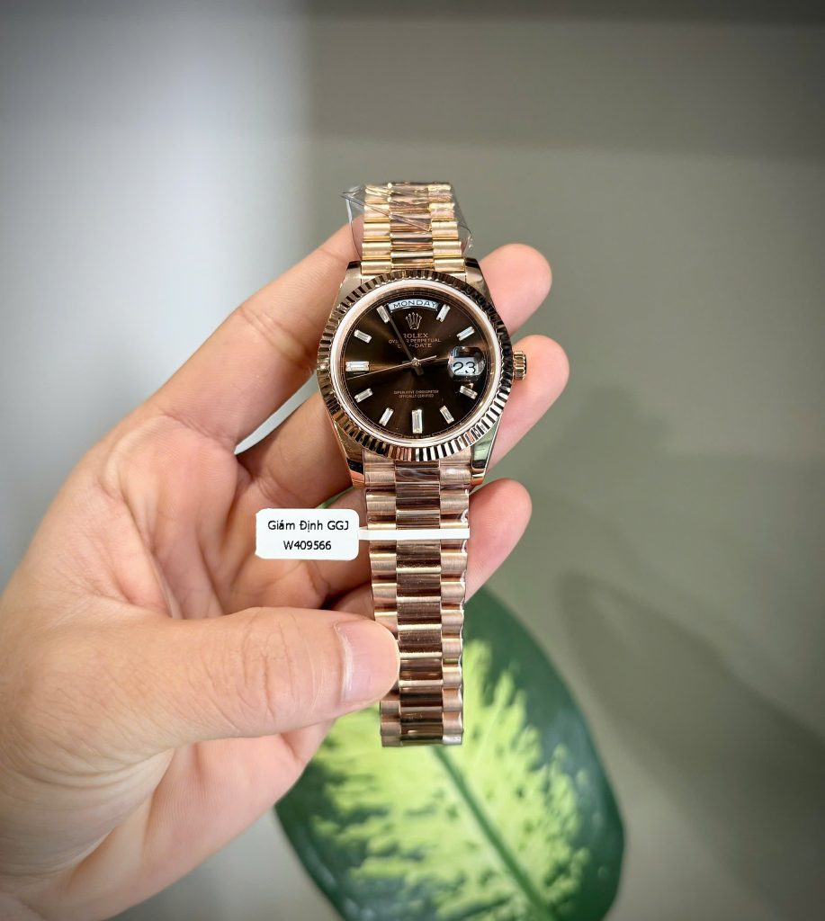 Đồng Hồ Rolex Chế Tác Phủ Vàng Hồng Mặt Socola Xưởng GM 180 Grams Day-Date (1)