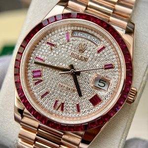 Đồng Hồ Rolex Day-Date Chế Tác Phủ Vàng Ruby Đỏ Đá Moissanite Xưởng GM 40mm (2)