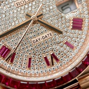Đồng Hồ Rolex Day-Date Chế Tác Phủ Vàng Ruby Đỏ Đá Moissanite Xưởng GM 40mm (2)