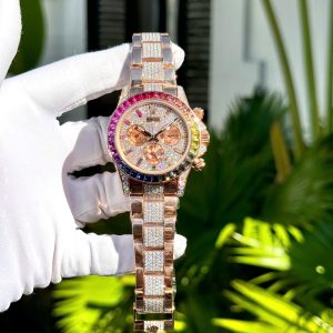 Đồng Hồ Rolex Daytona Rainbow Phủ Vàng 18K Đính Full Đá Moissanite 40mm (2)