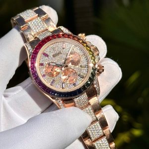 Đồng Hồ Rolex Daytona Rainbow Phủ Vàng 18K Đính Full Đá Moissanite 40mm (2)