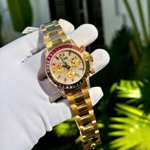 Đồng Hồ Rolex Daytona Rainbow Phủ Vàng Vàng 18K Đính Đá Quý Nhân Tạo 40mm (8)