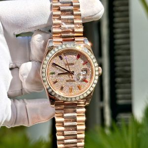 Đồng Hồ Rolex Đính Đá Moissanite Baguette Phủ Vàng Cọc Số 7 Màu Day-Date 40mm (1)