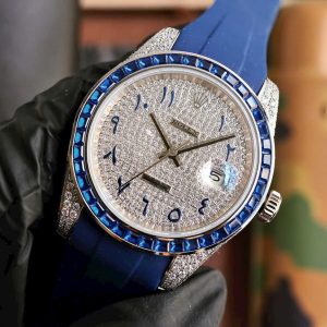 Đồng Hồ Rolex Fake Cao Cấp Đính Đá Viền Xanh DateJust 41mm (2)