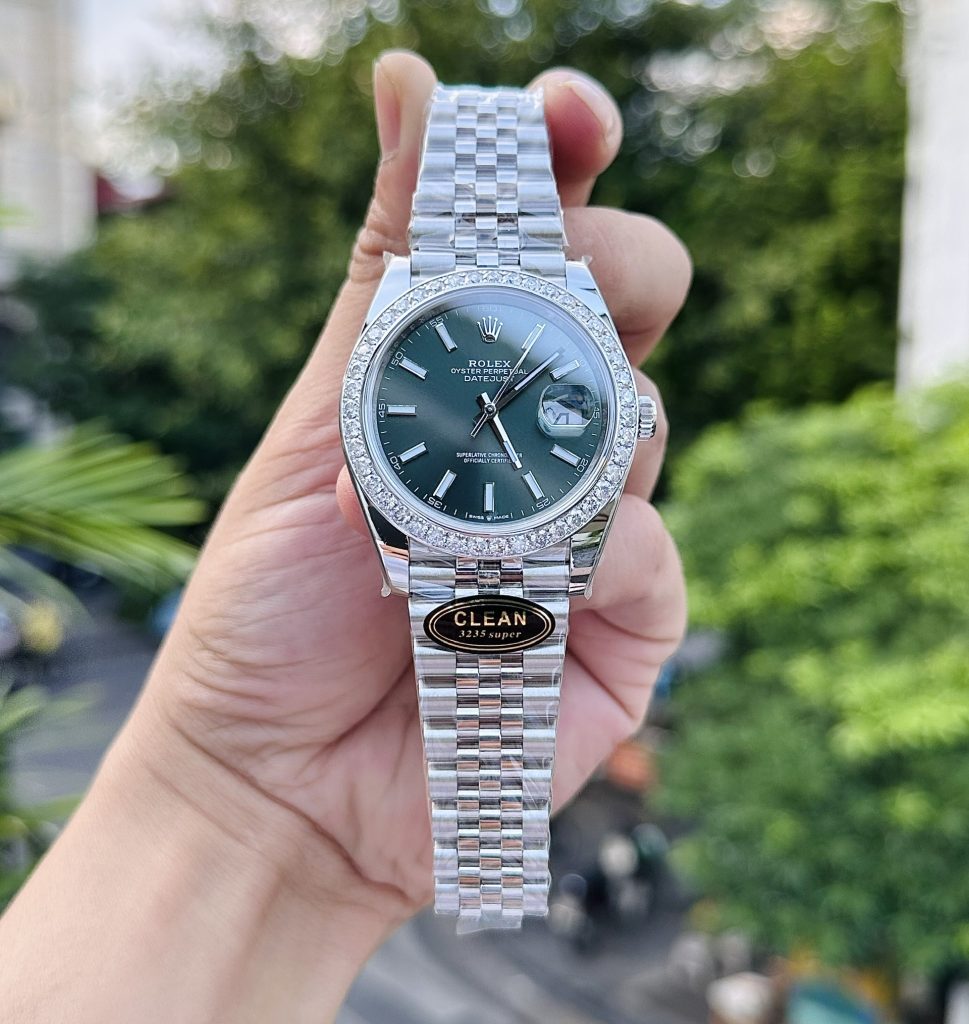 Đồng Hồ Rolex Nam Rep 1:1 DateJust 126334 Đính Moissanite Mặt Xanh Olive 41mm (1)