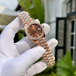 Đồng Hồ Rolex Nữ Đính Full Đá Moissanite Phủ Vàng Hồng 18K 31mm (1)