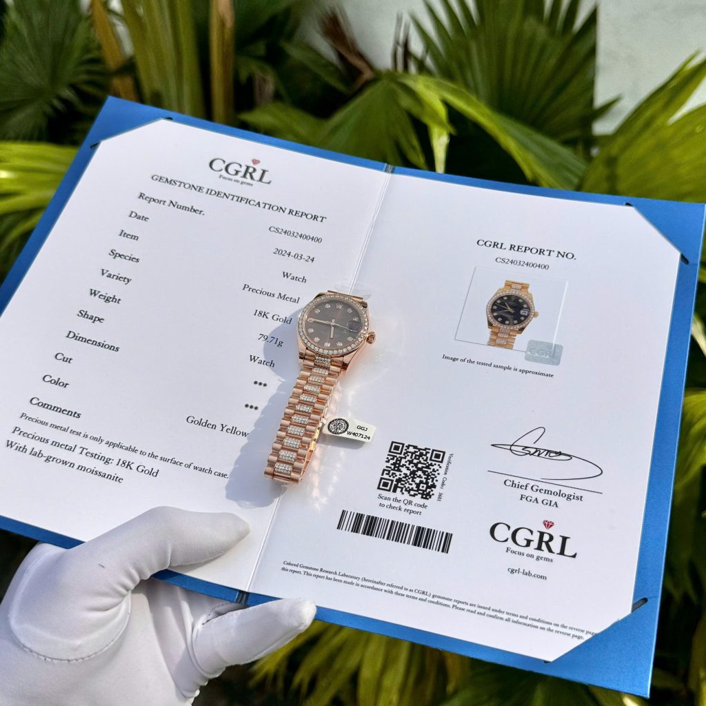 Đồng Hồ Rolex Nữ Đính Full Đá Moissanite Phủ Vàng Hồng 18K 31mm (1)