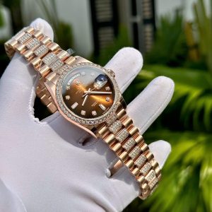 Đồng Hồ Rolex Phủ Vàng Đính Moissanite Mặt Số Nâu Ombre 36mm (7)