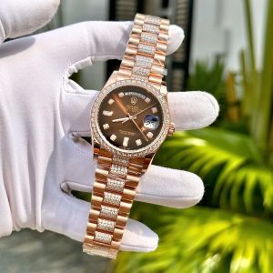 Đồng Hồ Rolex Phủ Vàng Đính Moissanite Mặt Số Nâu Ombre 36mm (7)