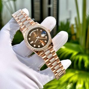 Đồng Hồ Rolex Phủ Vàng Đính Moissanite Mặt Số Nâu Ombre 36mm (7)