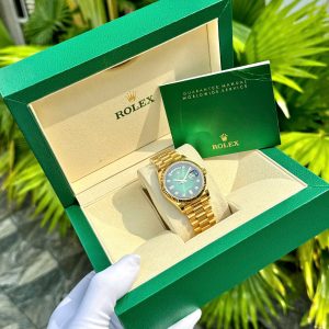 Đồng Hồ Rolex Phủ Vàng Đính Moissanite Mặt Số Xanh Ombre 36mm (1)