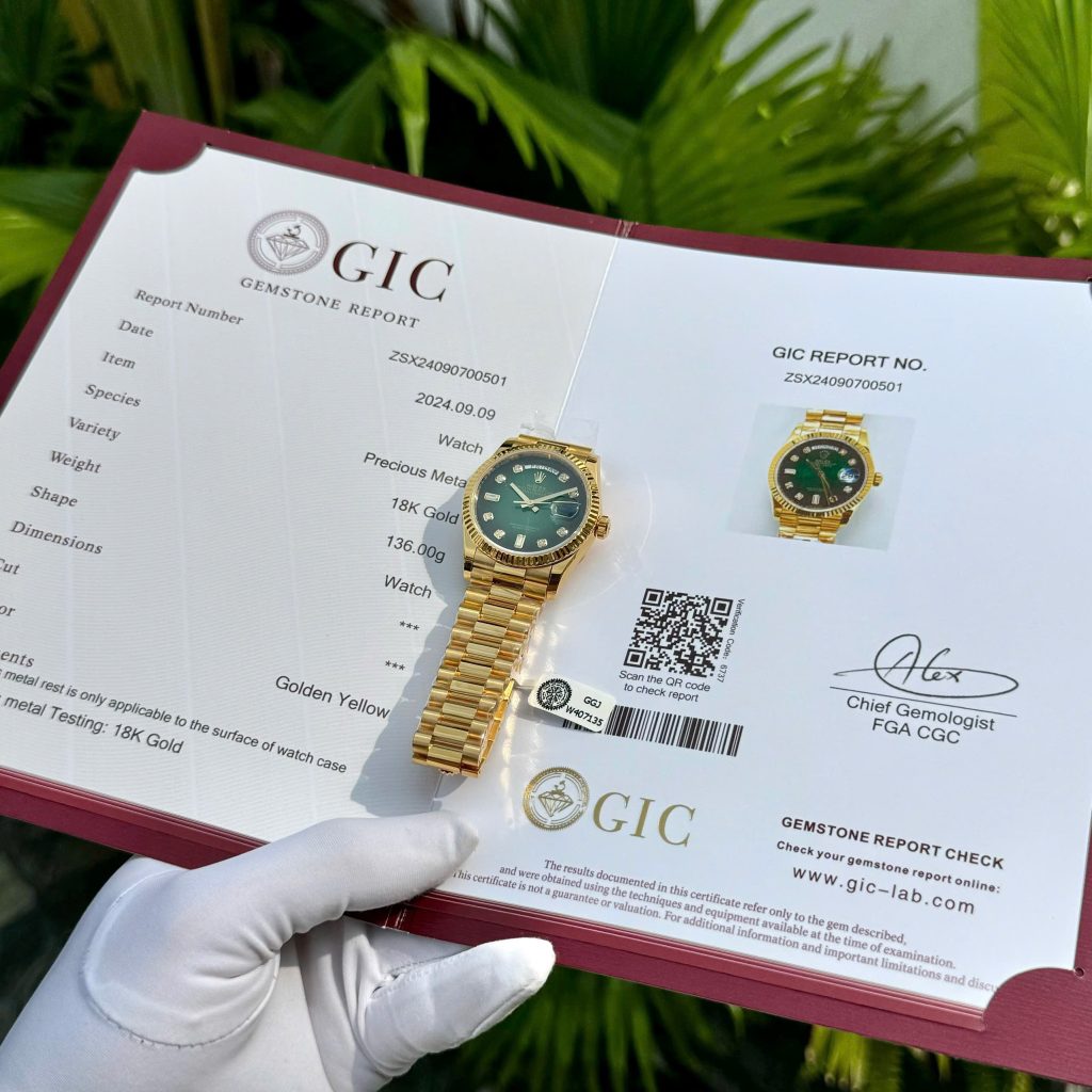 Dong Ho Rolex Phu Vang Dinh Moissanite Mat So Xanh Ombre 36mm 7