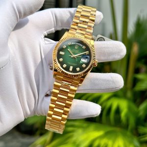 Đồng Hồ Rolex Phủ Vàng Đính Moissanite Mặt Số Xanh Ombre 36mm (1)