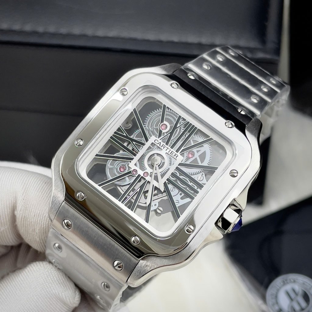 Đồng Hồ Cartier Fake Máy Nhật Pin Mặt Đen Dây Kim Loại Nam 40mm (6)