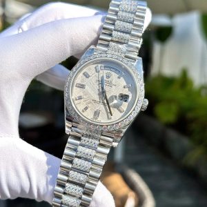 Đồng Hồ Rolex Day-Date Đính Đá Moissanite Mặt Số Thiên Thạch 40mm